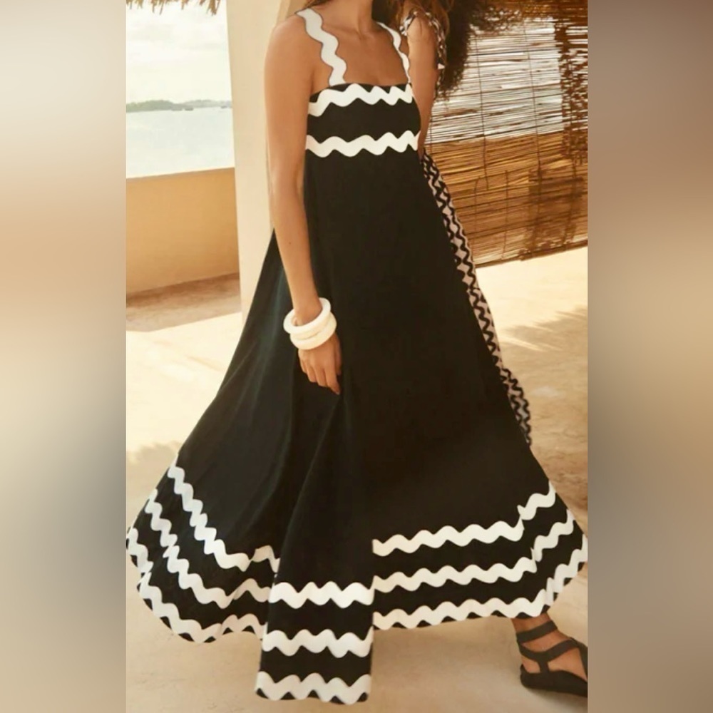 Classy Bohemian Black White Wavy Edge Sleeveless Long Maxi Dress - Picture 12 of 13